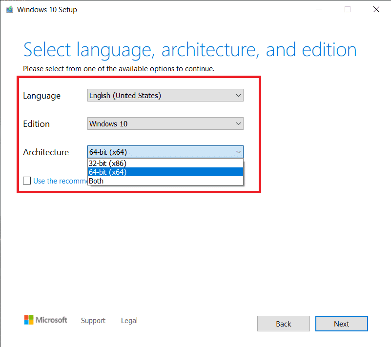 Seleccione el idioma y la arquitectura para Windows.  Haga clic en Siguiente para continuar