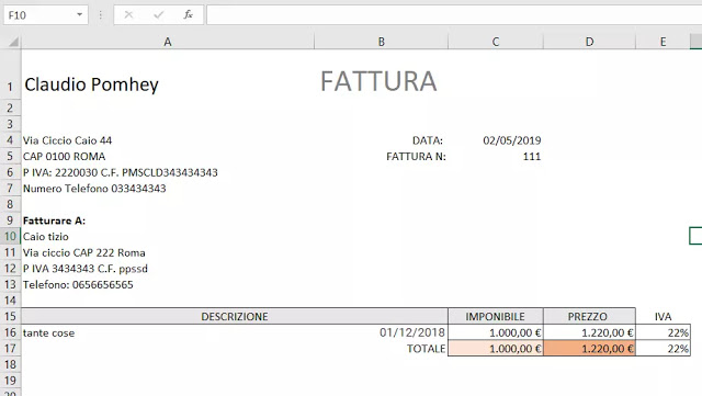 Un ejemplo de una factura de Excel
