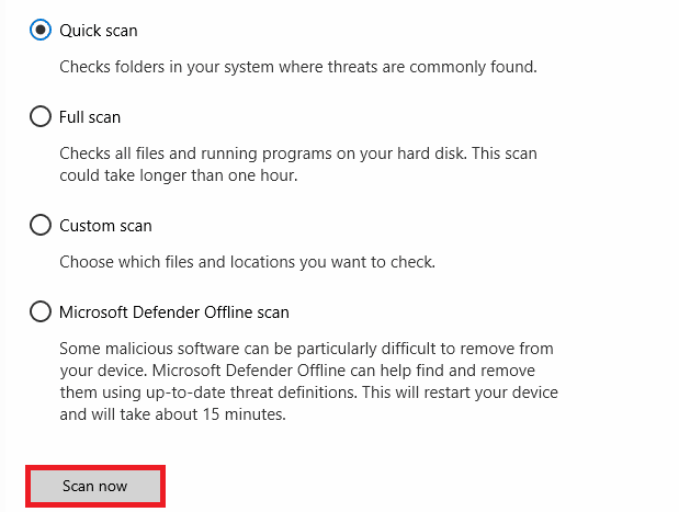 Elija una opción de escaneo según su preferencia y haga clic en Escanear ahora.  Arreglar el error del sistema Startupinfo exe en Windows 10