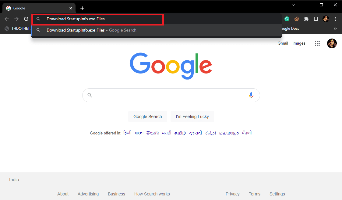 En la barra de búsqueda, escriba Descargar archivos exe de StartupInfo y presione la tecla Intro