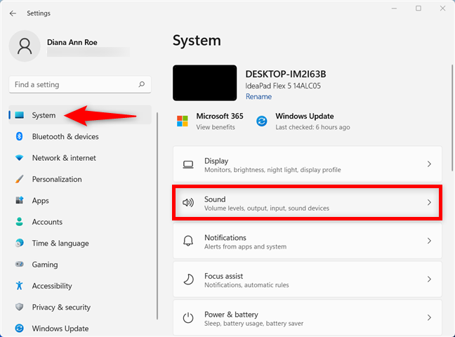 La sección Sonido te lleva al control de volumen de Windows 11 incluido en Configuración