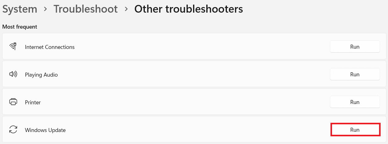 haga clic en ejecutar en el solucionador de problemas de actualización de Windows