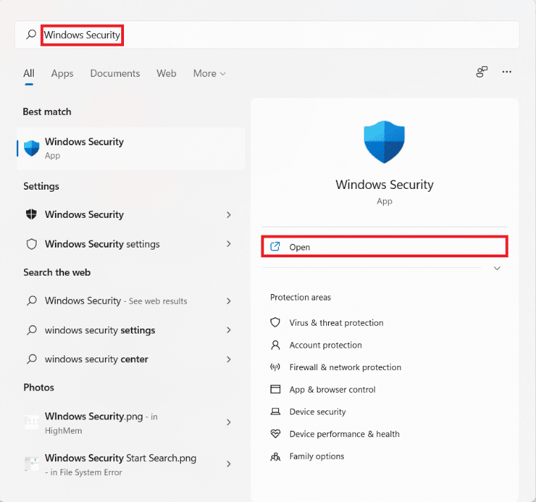 Resultados de la búsqueda en el menú Inicio para la seguridad de Windows