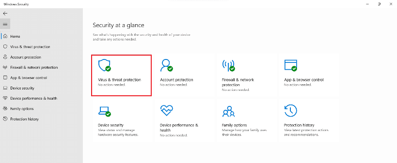 seleccione la protección contra virus y amenazas en la ventana de seguridad de Windows