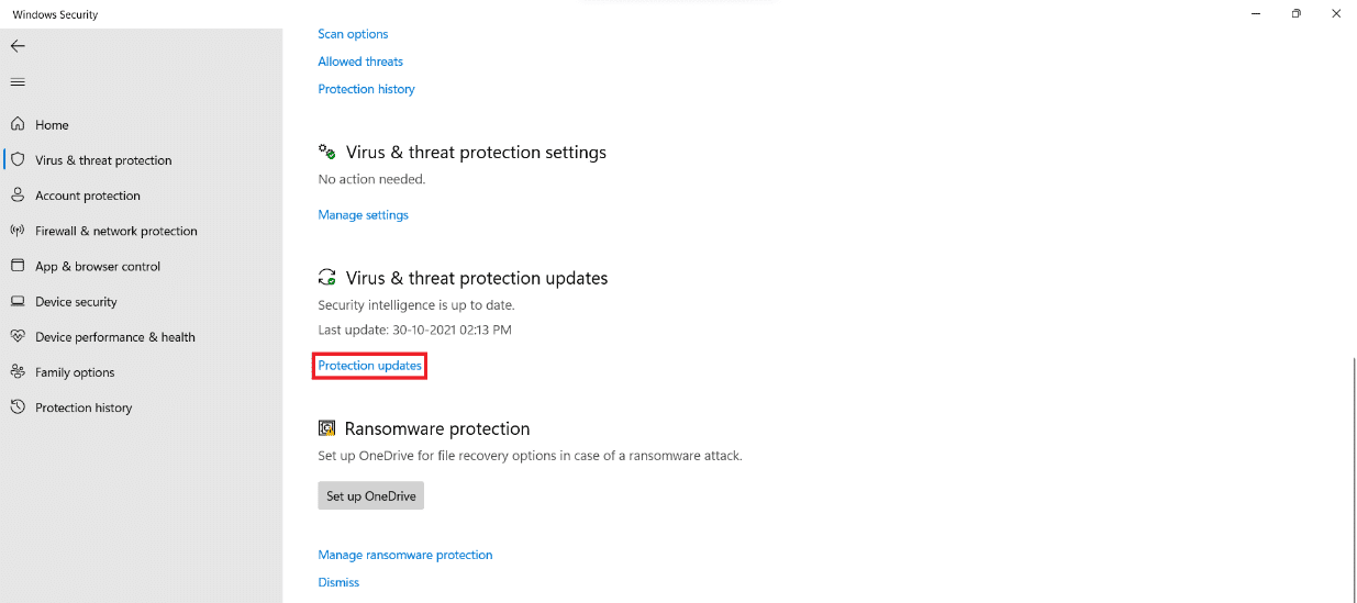 haga clic en actualizaciones de protección en la sección Protección contra virus y amenazas