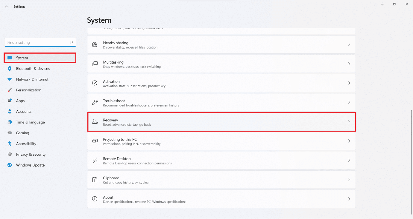 Opción de recuperación en la configuración