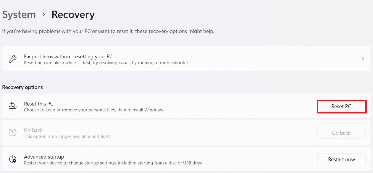 Restablecer esta opción de PC en Recuperación