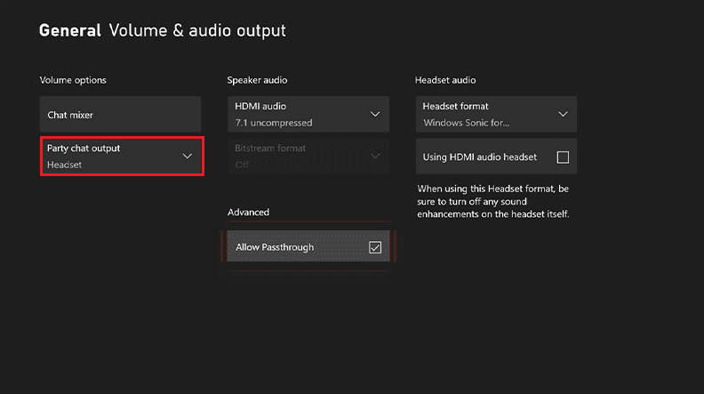Volumen y salida de audio Salida de chat de fiesta xbox one