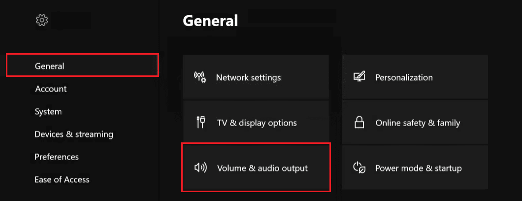 haga clic en la opción de volumen y salida de audio en la configuración general de xbox one
