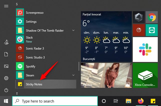 El atajo de notas adhesivas en el menú de inicio
