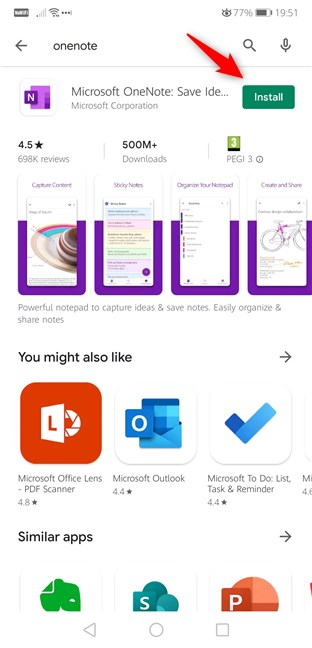 Instalación de la aplicación Microsoft OneNote desde Play Store