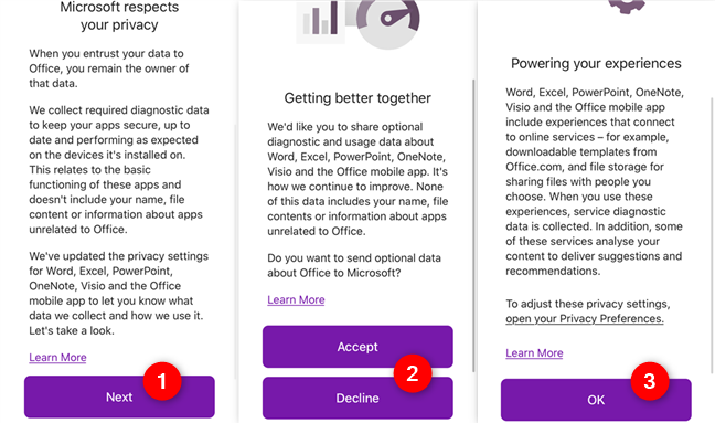 Pantallas de información que muestra OneNote antes del primer uso