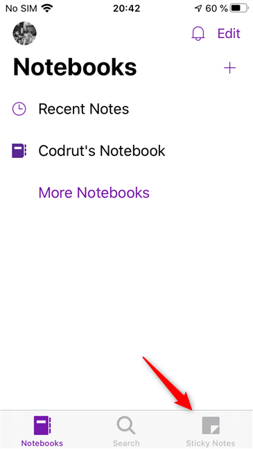OneNote está listo y, en la parte inferior, puede encontrar sus Notas adhesivas