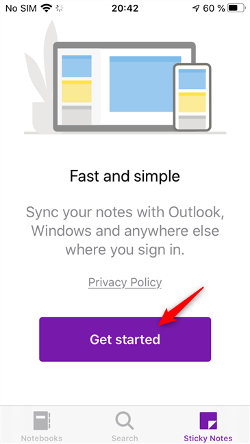 Mensaje de bienvenida cuando accede a sus notas adhesivas por primera vez en OneNote