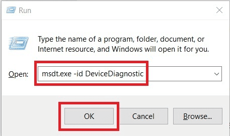 Presione la tecla Windows y R. Escriba el comando msdt.exe id DeviceDiagnostic para abrir el solucionador de problemas de hardware y dispositivos y presione la tecla Intro