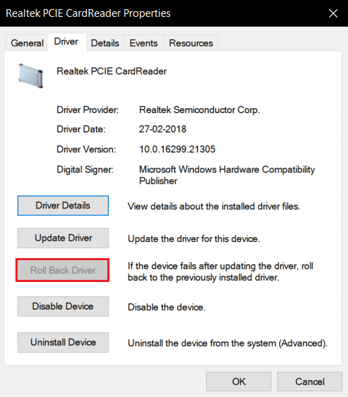 revertir el controlador del lector de tarjetas PCIE realtek.  Arreglar el lector de tarjetas Realtek Windows 10 no funciona