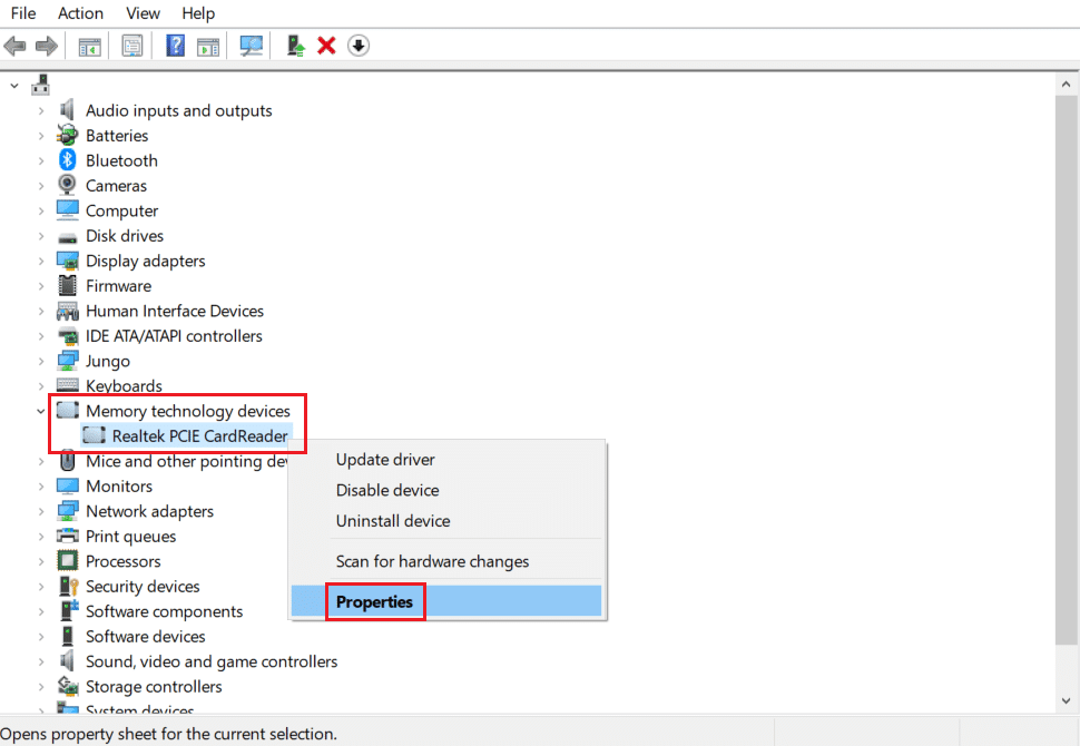 abrir las propiedades del controlador del lector de tarjetas PCIE realtek