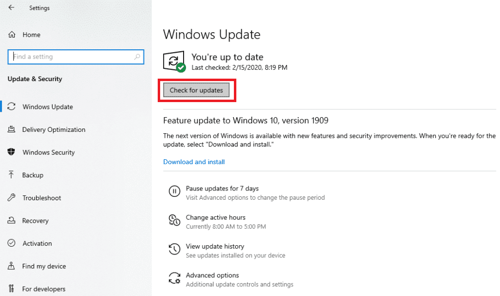 Buscar actualizaciones.  Arreglar el lector de tarjetas Realtek Windows 10 no funciona