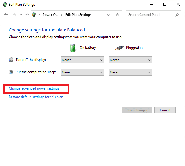 En la ventana Editar configuración del plan, haga clic en Cambiar configuración avanzada de energía.  Arreglar el lector de tarjetas Realtek Windows 10 no funciona