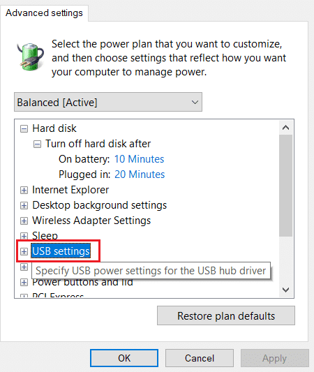 haga doble clic en la opción de configuración usb en la ventana Cambiar configuración avanzada de energía