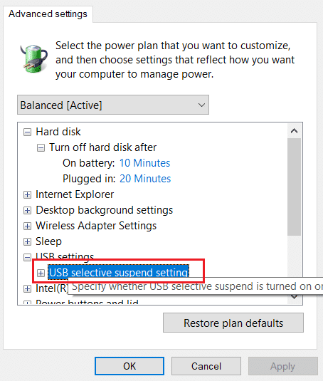 haga doble clic en la configuración de suspensión selectiva de usb en la configuración de usb en la ventana Cambiar configuración avanzada de energía.  Arreglar el lector de tarjetas Realtek Windows 10 no funciona