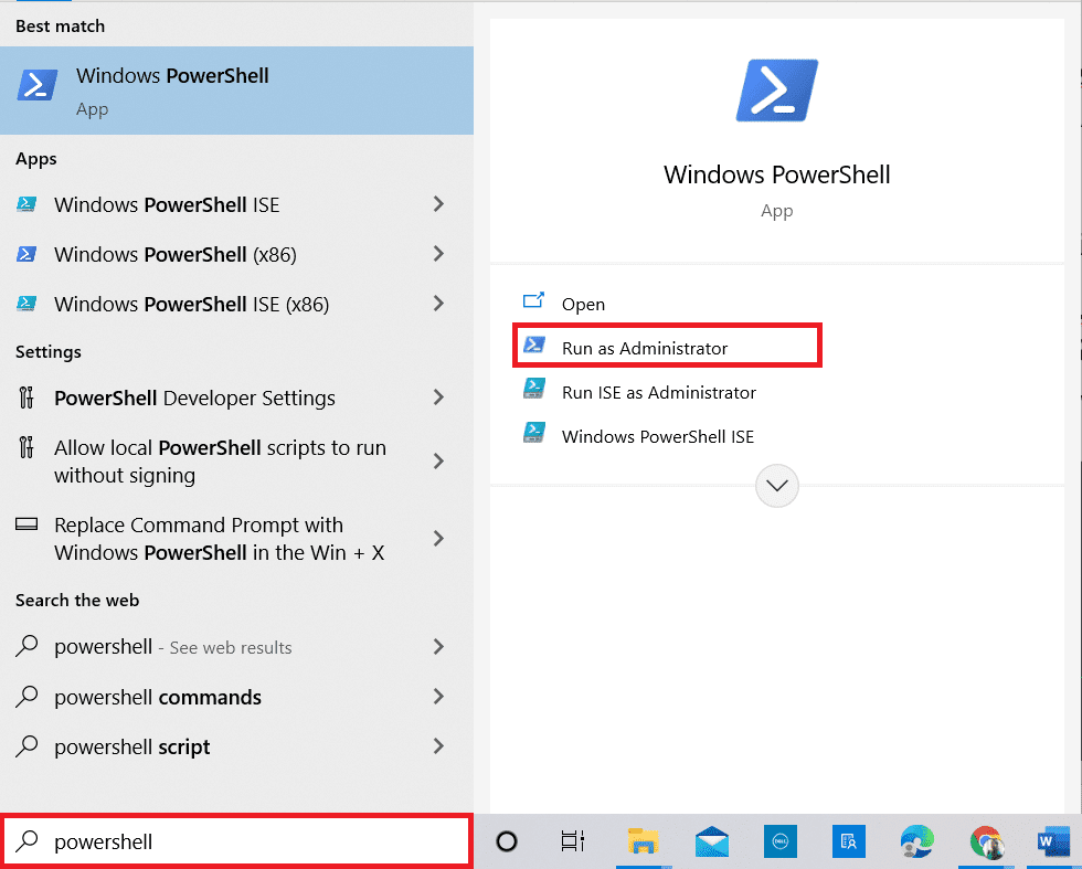 Escriba Powershell en la barra de búsqueda y haga clic en Ejecutar como administrador