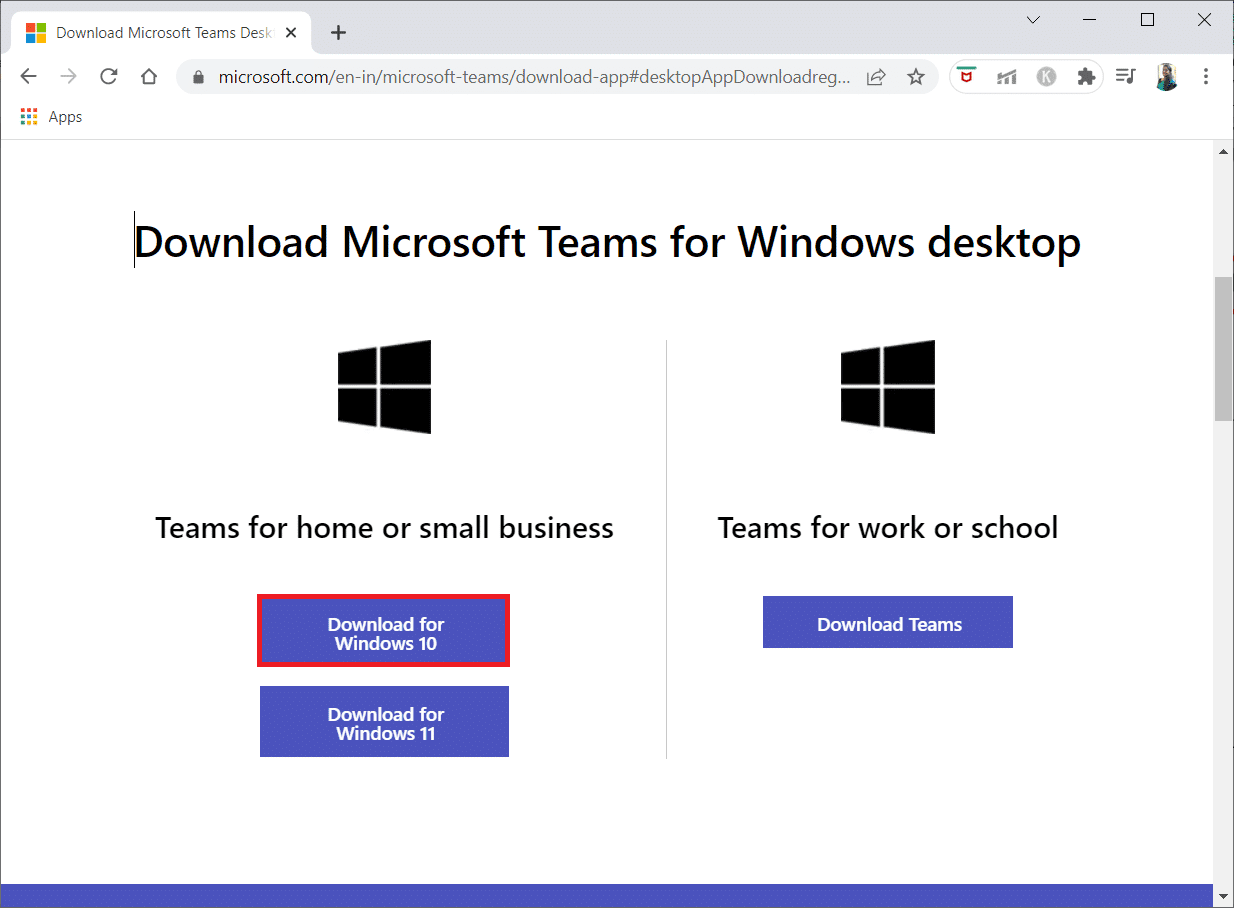 Haga clic en Descargar para Windows 10. Arreglar la cámara que no funciona en Teams