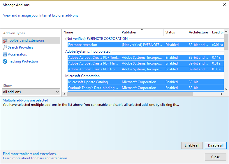 deshabilitar todos los complementos de Internet Explorer