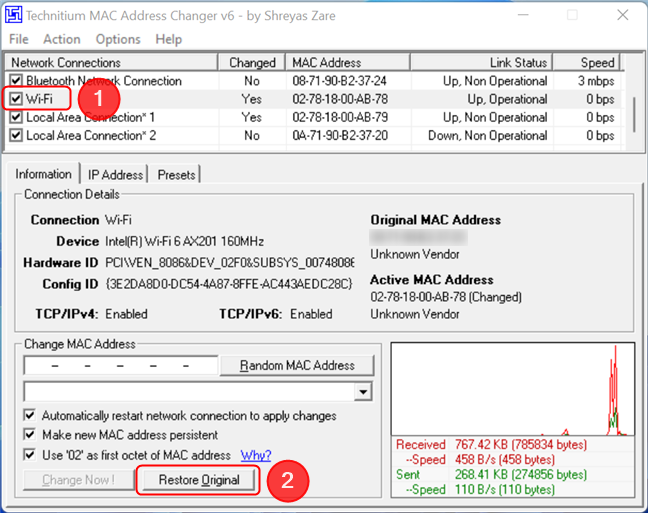 Seleccione el adaptador, luego haga clic en Restaurar original