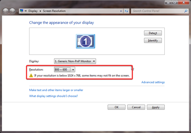 Advertencia de resolución pequeña en Windows 7