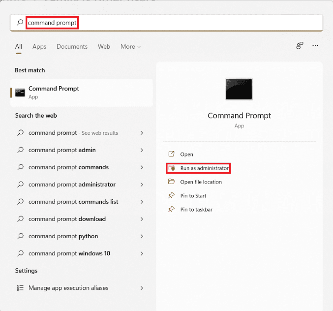 Resultados de búsqueda del menú de inicio para el símbolo del sistema