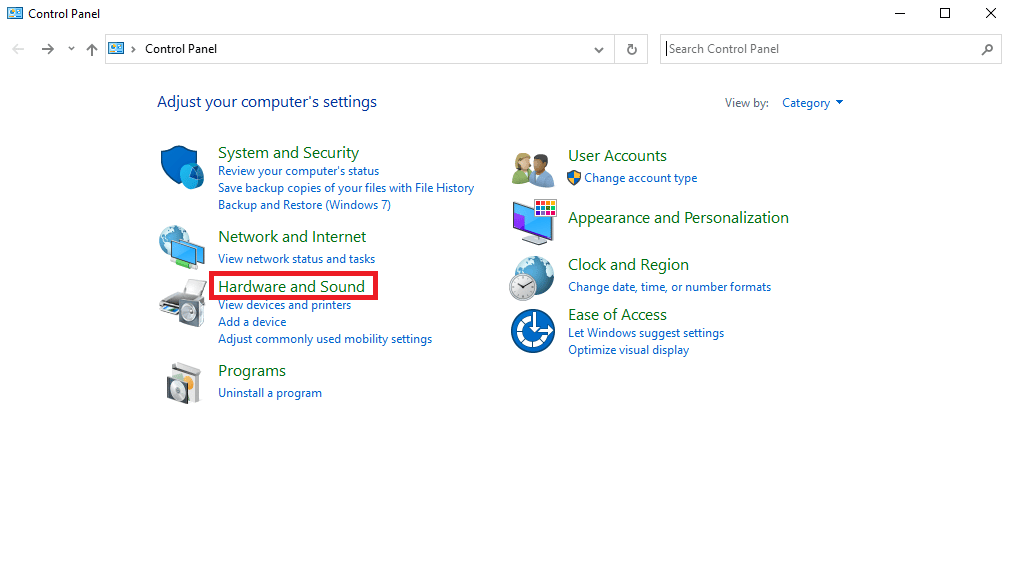 En la ventana del Panel de control, vaya a Hardware y sonido.  Solucione el error de Skype con el dispositivo de reproducción en Windows 10