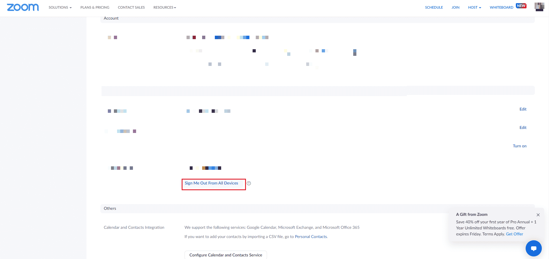 haga clic en la opción cerrar sesión en todos los dispositivos.  Arreglar el código de error de Zoom 2008 en Windows 10