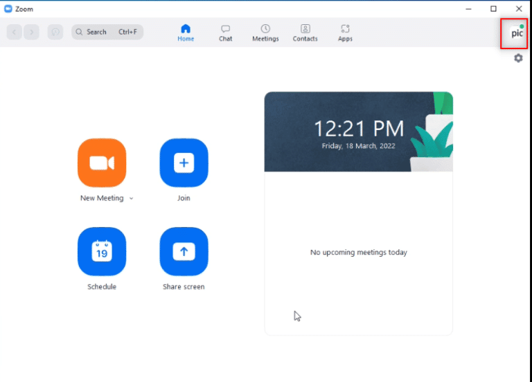 Haz clic en la foto de perfil.  Arreglar el código de error de Zoom 2008 en Windows 10