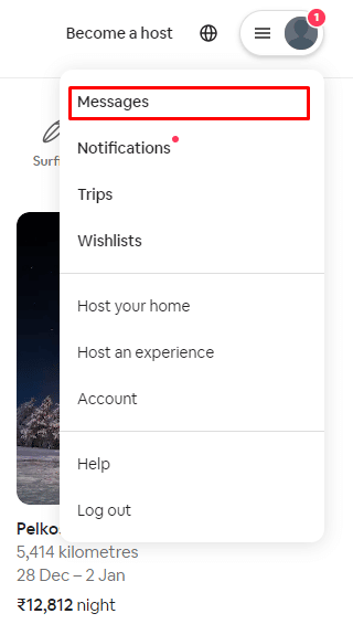 Haga clic en el icono de su perfil y seleccione Mensajes |  Cómo eliminar un mensaje en Airbnb