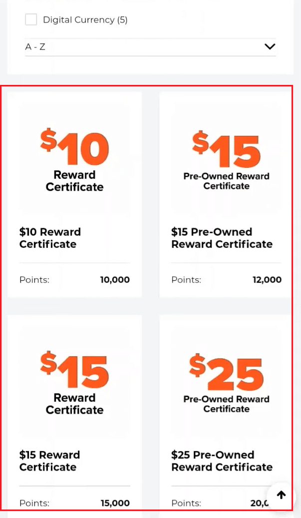 Toque el Certificado de Recompensa deseado de los disponibles para canjear |  canjear cupones de GameStop
