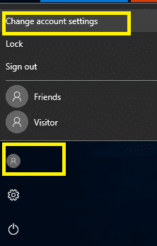 Abra el menú Inicio, haga clic en el icono de usuario y seleccione cambiar la configuración de la cuenta