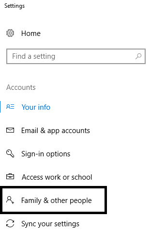 Haga clic en Familia y otros usuarios en el cuadro de diálogo de configuración |  Crear una cuenta de usuario local en Windows 10