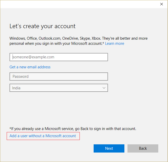 Seleccione Agregar un usuario sin una cuenta de Microsoft |  Crear una cuenta de usuario local en Windows 10