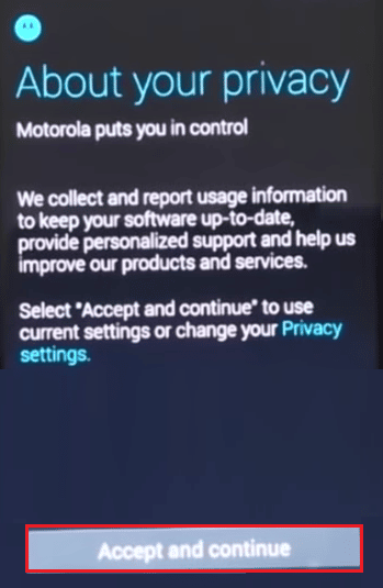 toque Aceptar y continúe para aceptar la configuración de privacidad |  Cómo omitir la pantalla de activación de Verizon