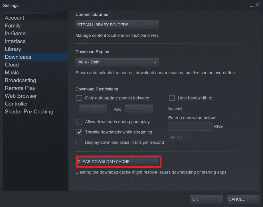 presione la opción Borrar caché de descarga.  Arreglar el archivo de contenido de Steam bloqueado