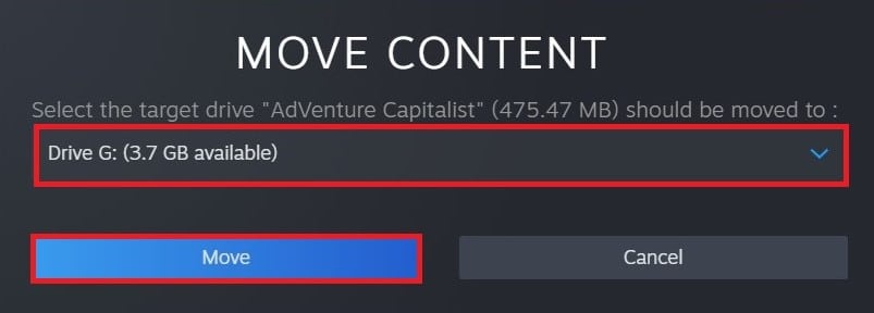 Seleccione la unidad de destino correcta en el menú desplegable y haga clic en Mover