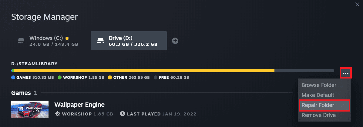 Aparecerá una lista de todo su contenido de Steam.  Haga clic en los tres puntos y elija Reparar carpeta en el menú contextual.