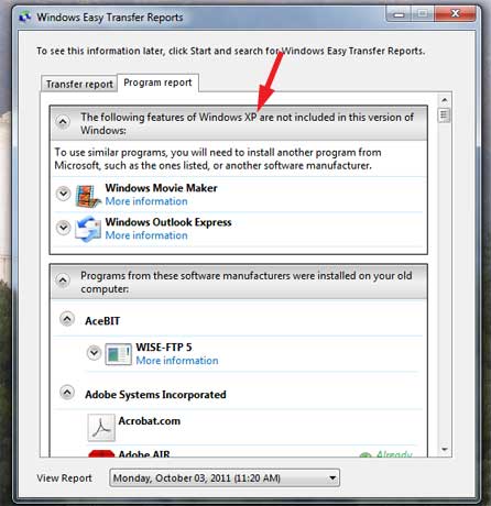 Informes de transferencia fácil de Windows