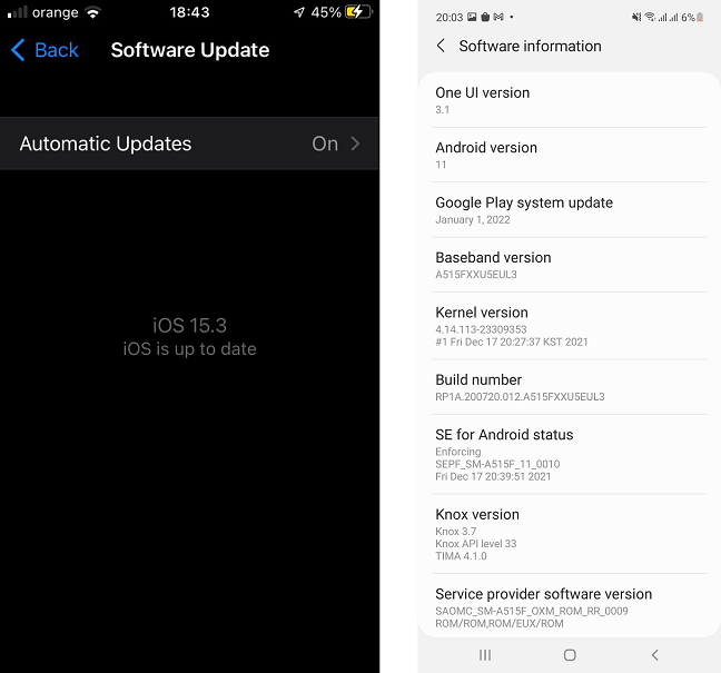 El iPhone SE (2016) tiene el último iOS, mientras que el Samsung A51 (2019) todavía está una versión detrás de Android 12