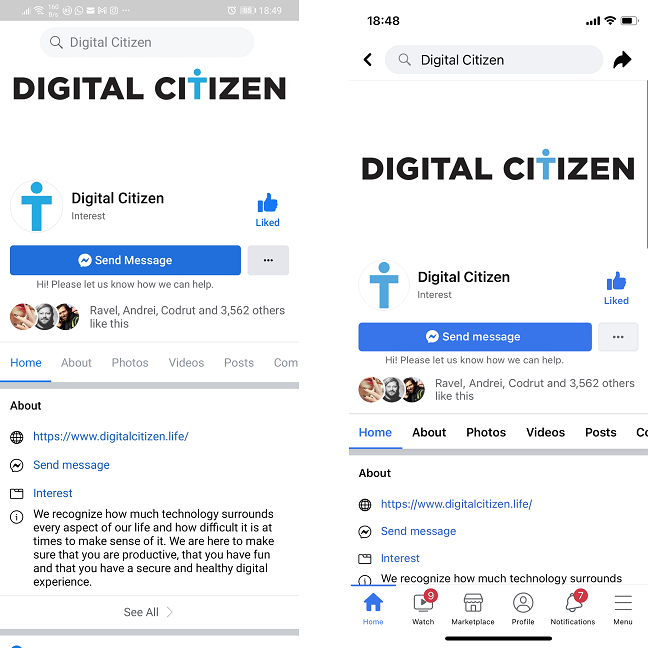La aplicación de Facebook en Android (izquierda) frente a la misma aplicación para iPhone (derecha)