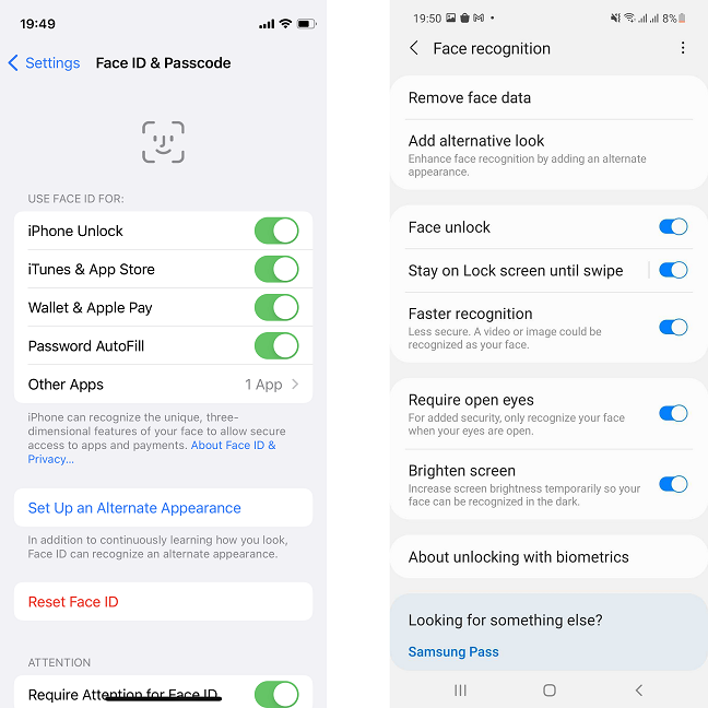Autenticación facial en un iPhone (izquierda) frente a un teléfono inteligente Samsung (derecha)