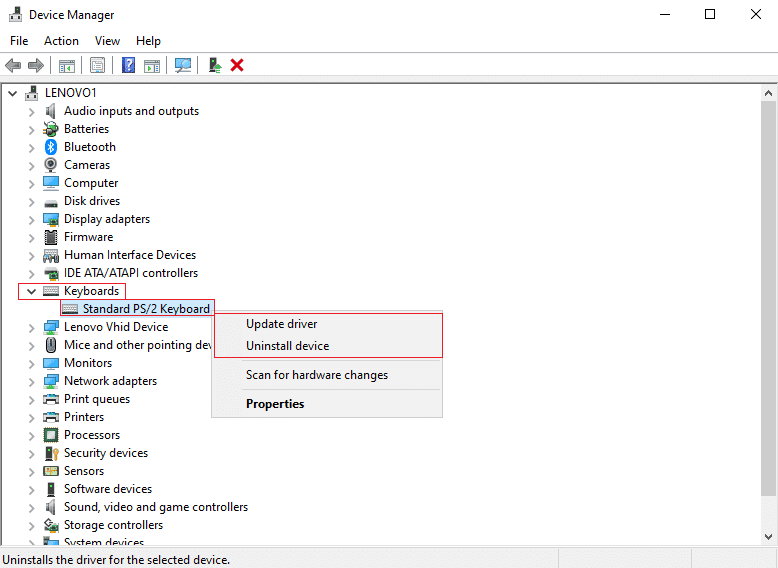 Haga clic derecho en su dispositivo de teclado y seleccione Actualizar controlador o Desinstalar dispositivo |  Arreglar el retraso de entrada del teclado en Windows 10