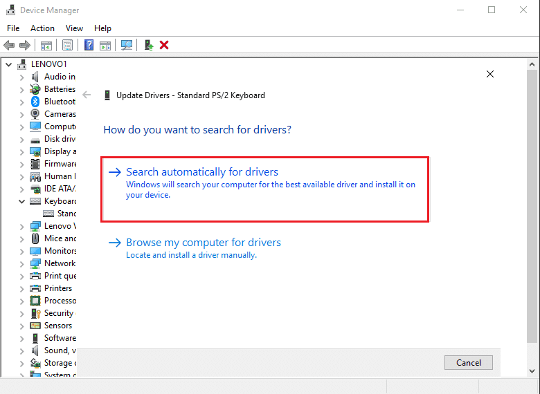 Seleccione Buscar controladores automáticamente |  Arreglar el retraso de entrada del teclado en Windows 10