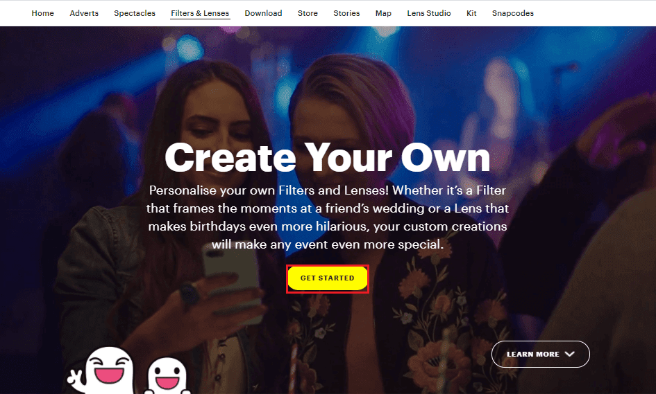 Abra un navegador web en su escritorio y diríjase a Snapchat. Haz clic en empezar.